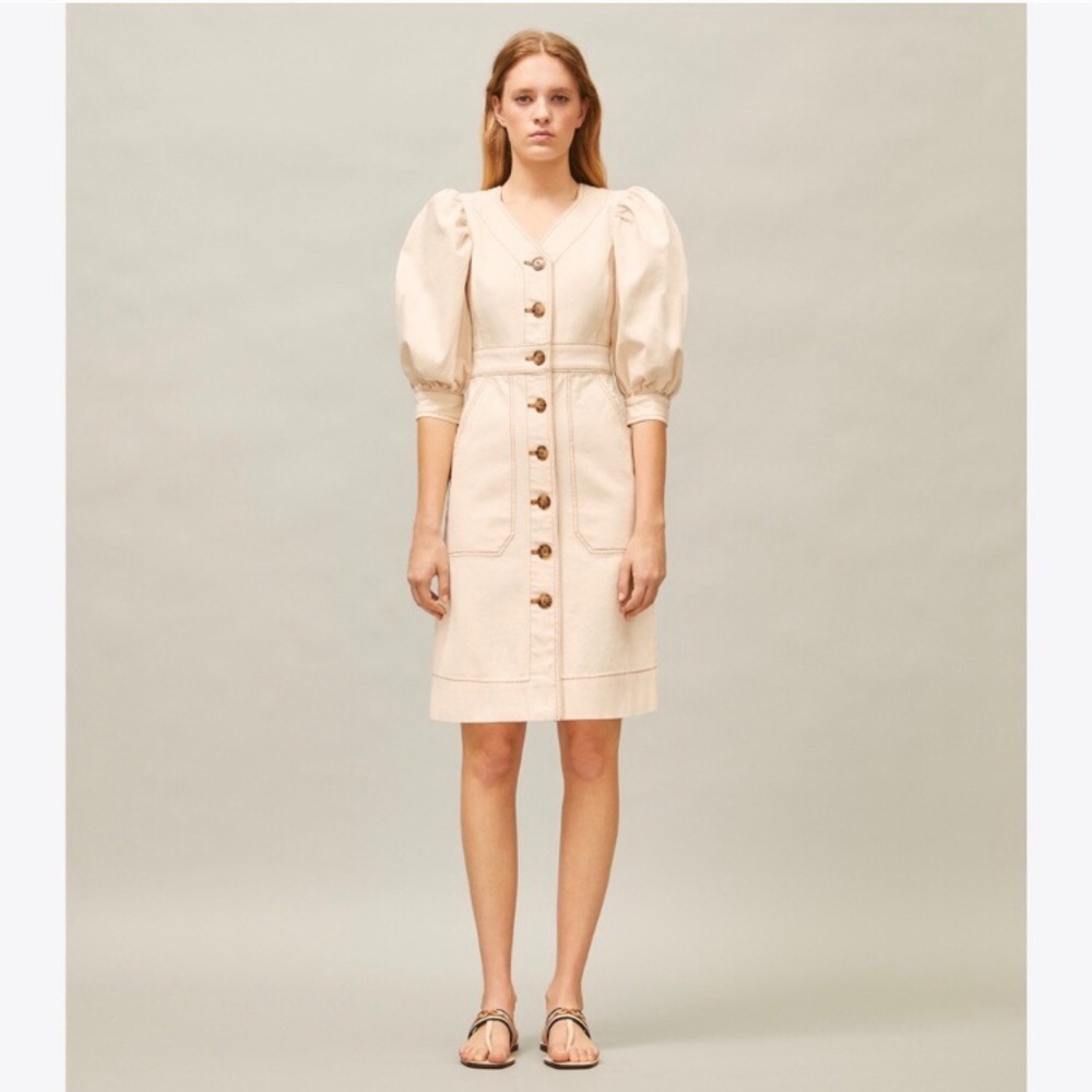 Tory Burch Cotton Puffed Sleeve Dress Canvas Rinse